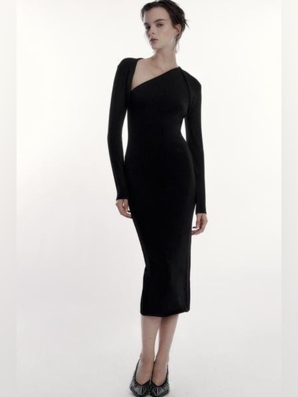 Zara Asymmetric Neckline Long Sleeve Knit Midi Dress Black M NWT